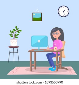 Cute girl sitting at a table with laptop computer in cozy room in apartment. Young adorable woman in glasses working at home drinking coffee. Daily life of freelance worker, student education