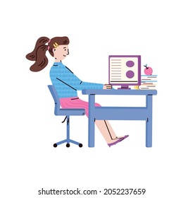Cute girl sitting at table and studying, cartoon vector illustration isolated on white background. Child character for distance education and homeschooling topic.