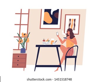 Cute Girl Sitting At Table, Using Smartphone And Drinking Coffee. Young Happy Woman Dining At Home. Funny Lady Having Lunch. Daily Activity, Everyday Life. Vector Illustration In Flat Cartoon Style.