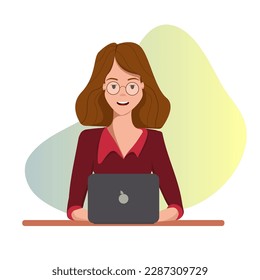 A cute girl is sitting at a table and working on a laptop. Vector illustration