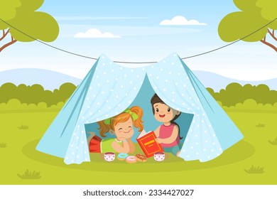 Cute Girl Sitting in the Yard in Tent and Reading Book with Sweet Donut Vector Illustration