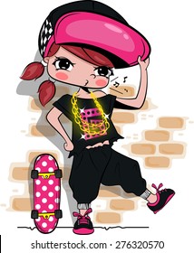 Cute Girl With Skateboard Vector.