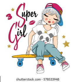 cute girl with skateboard vector/T-shirt print/Romantic hand drawing poster/For apparel or other uses,in vector.