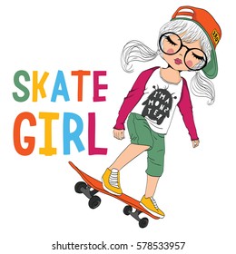 cute girl with skateboard vector/T-shirt print/Romantic hand drawing poster/For apparel or other uses,in vector.