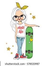 cute girl with skateboard vector/T-shirt print/Romantic hand drawing poster/For apparel or other uses,in vector.