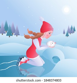 cute girl in skates with kitten, skater sits on ice, teenager froze, warms the cat. Winter landscape, Christmas trees, snowdrifts, snowing. Cartoon style, gradients, pastel scale. Flat illustration