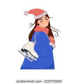 Cute girl with skates over her shoulder. vector illustration