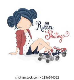 Cute girl with skates. Vector illustration.Cartoon character.Graphic design of children's shirts.