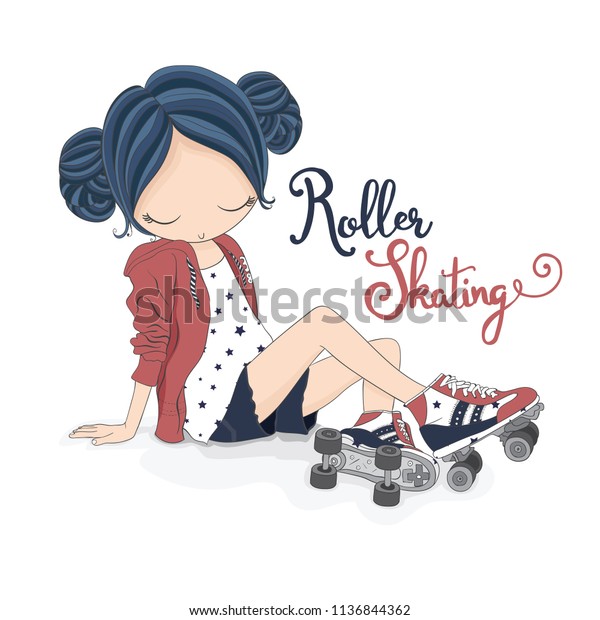 スケート靴を履いたかわいい女の子 ベクターイラスト 漫画のキャラクター 子ども用シャツのグラフィックデザイン のベクター画像素材 ロイヤリティフリー