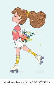 Patinaje de chicas con flores ilustraciones vectoriales, dibujos de moda para niños, tarjetas de felicitación, estampas de pantalones.