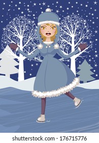 Cute girl skating in winter on the frozen lake background.