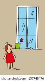 Cute girl sketch with a flower in the flowerpot behind the window, for your design