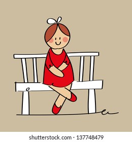 Cute girl sketch sitting on a the bench, for your design