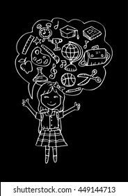 Cute girl sketch was thought bubble with education icons