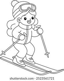 Cute girl skiing outline coloring page. Christmas and Winter Illustration 