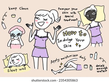 Cute girl with skin care routine. Happy woman and her beauty routine such as applying moisturizer to face and body, sleeping well, drinking water enough, washing face and indulging with facial mask.