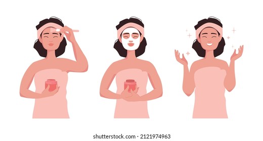 Cute girl skincare routine. Steps to apply facial mask and get glowing beautiful skin. Moisturizing for cosmetic treatment. Vector illustration isolated on white background. 