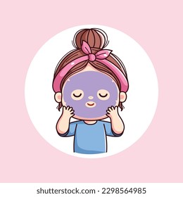 Cute girl with skincare sheet mask daily activity routine with pink headband kawaii chibi flat character