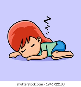 Cute girl sleep over feeling exhausted and overworked,stress from overtime working concept. cartoon illustration