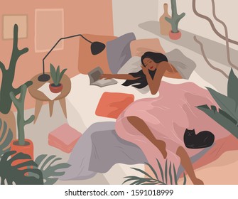 Cute girl sleeping in bed after she read book. Feminine style. Daily life by young woman in bedroom interior with homeplants. Cartoon vector illustration