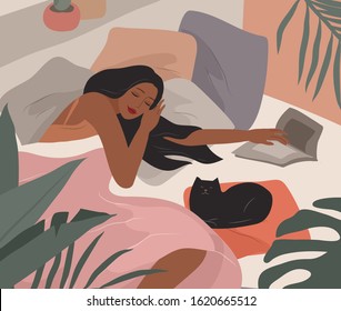 Cute girl sleeping in bed after she read book. Feminine style. Daily life by young woman in bedroom interior with homeplants. Cartoon vector illustration