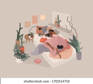 Cute girl sleeping in bed after she read book. Feminine style. Daily life by young woman in bedroom interior with homeplants. Cartoon vector illustration