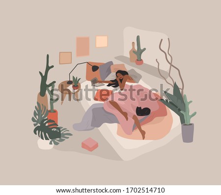 Cute girl sleeping in bed after she read book. Feminine style. Daily life by young woman in bedroom interior with homeplants. Cartoon vector illustration