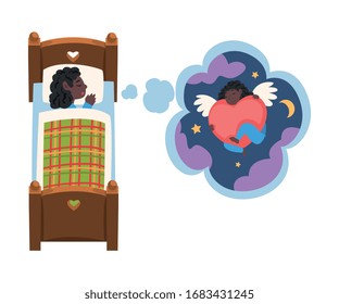 Cute Girl Sleeping in Bed and Dreaming About Angel with Red Heart in Starry Sky, Kid Lying in Bed Having Sweet Dreams Vector Illustration