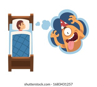 Cute Girl Sleeping in Bed and Dreaming About Cute Monster in Party Hat, Kid Lying in Bed Having Sweet Dreams Vector Illustration