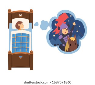 Cute Girl Sleeping in Bed and Dreaming About Knight Galloping on Horseback, Kid Lying in Bed Having Sweet Dreams Vector Illustration