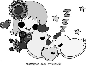 The cute girl and sleeping chickens