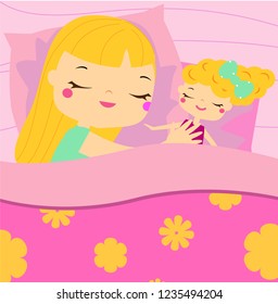 Cute girl sleeping with doll. Cartoon kid in bed having sweet dreams. Baby bedtime