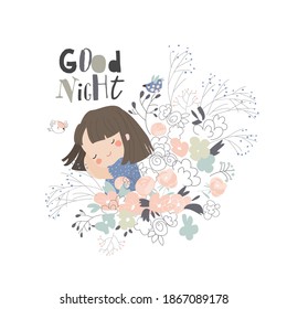 Cute girl sleeping in flowers on white background