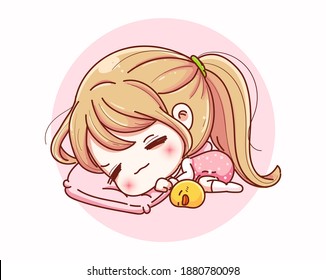Cute girl sleeping with happy and cartoon character design.