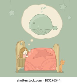Cute girl sleeping in her bed and see whale in her dreams. Vector illustration