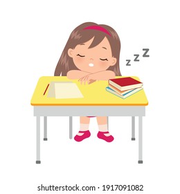 Cute Girl Sleeping In Her Study Desk. Lazy Kid Concept. Flat Vector Cartoon Style