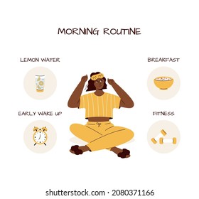 Cute girl with sleeping mask and elements for morning routine:lemon water,weights, muesli, alarm clock, toothpaste.Girl thinking about how to start her day.Woman in cute pajama.Good morning.