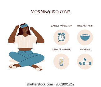 Cute girl with sleeping mask and elements for morning routine:lemon water,weights, muesli, alarm clock, toothpaste.Girl thinking about how to start her day.Woman in cute pajama.Good morning.