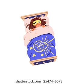 Cute girl in sleeping mask naps under blanket top view. Tired child sleeps in bed, dreams at night. Asleep kid has a rest, slumbers on pillow. Flat isolated vector illustration on white background