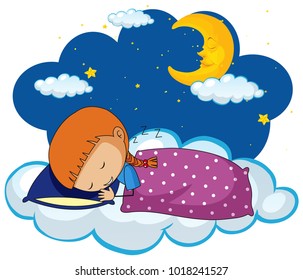 Cute girl sleeping on blue pillow illustration