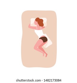 Cute girl sleeping on her side on comfy bed and embracing pillow. Female character taking nap or dozing. Young woman on cozy mattress during night slumber. Top view. Flat cartoon vector illustration.