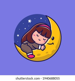 Cute Girl Sleeping On Moon Cartoon Vector Icon Illustration. Nature People Icon Concept Isolated Premium Vector. Flat Cartoon Style