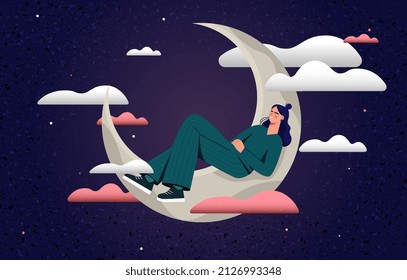 Cute girl sleeping on moon abstract concept. Smiling woman lies on crescent moon and has romantic dreams with night sky, stars and clouds. Tarot cover. Cartoon modern flat vector illustration