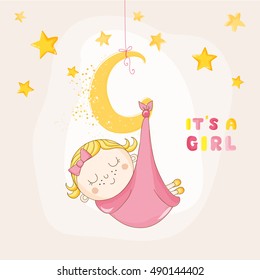 Cute Girl Sleeping on a Moon. Baby Shower or Arrival Card, in vector