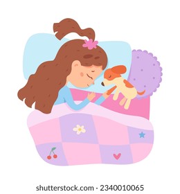 Cute girl sleeping vector illustration. Cartoon isolated top view of asleep kid lying with dog on soft pillow under comfort blanket, bedtime calm rest and deep sleep of cute baby child in home bed