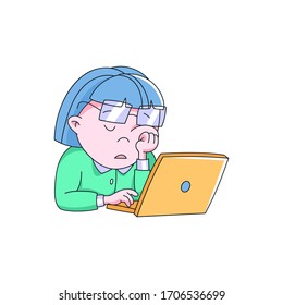 cute girl sleeps at her work place at laptop. tired sleepy overworked office worker or freelancer. no power, no activity concept. cartoon style. isolated vector illustration on white background