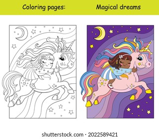 Cute girl sleeps on back of a flying unicorn.Coloring book page for children with colorful template. Vector cartoon isolated illustration. For coloring book, education, print, game, decor, puzzle