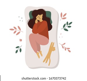 Cute girl sleeps on side. Postcard of woman and cat in bed. Girl in pajama sleeping in different poses. Mattress for sweet dreams. Time for yourself, healthcare, relax concept. Vector illustration, ad