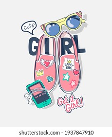 süßer Girl-Slogan mit bunten Schuhen und Sonnenbrillen und süße Ikonen-Illustration