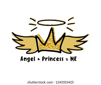 Cute girl slogan. Print for t shirt. Angel+princess =me. Funny girls phrase